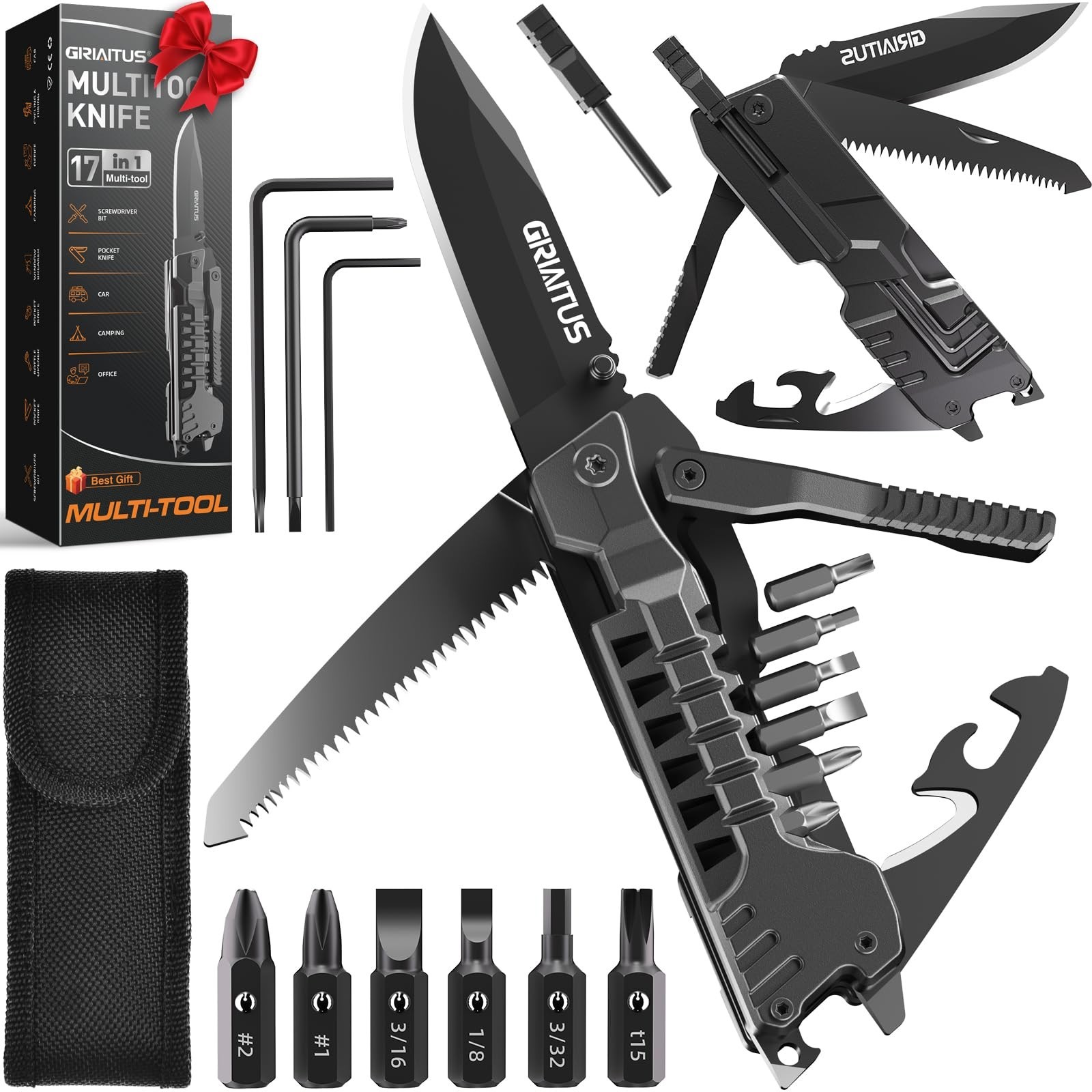 17-in-1 Multitool Knife with Fire Starter, Screwdrivers, Whistle & More – Campin