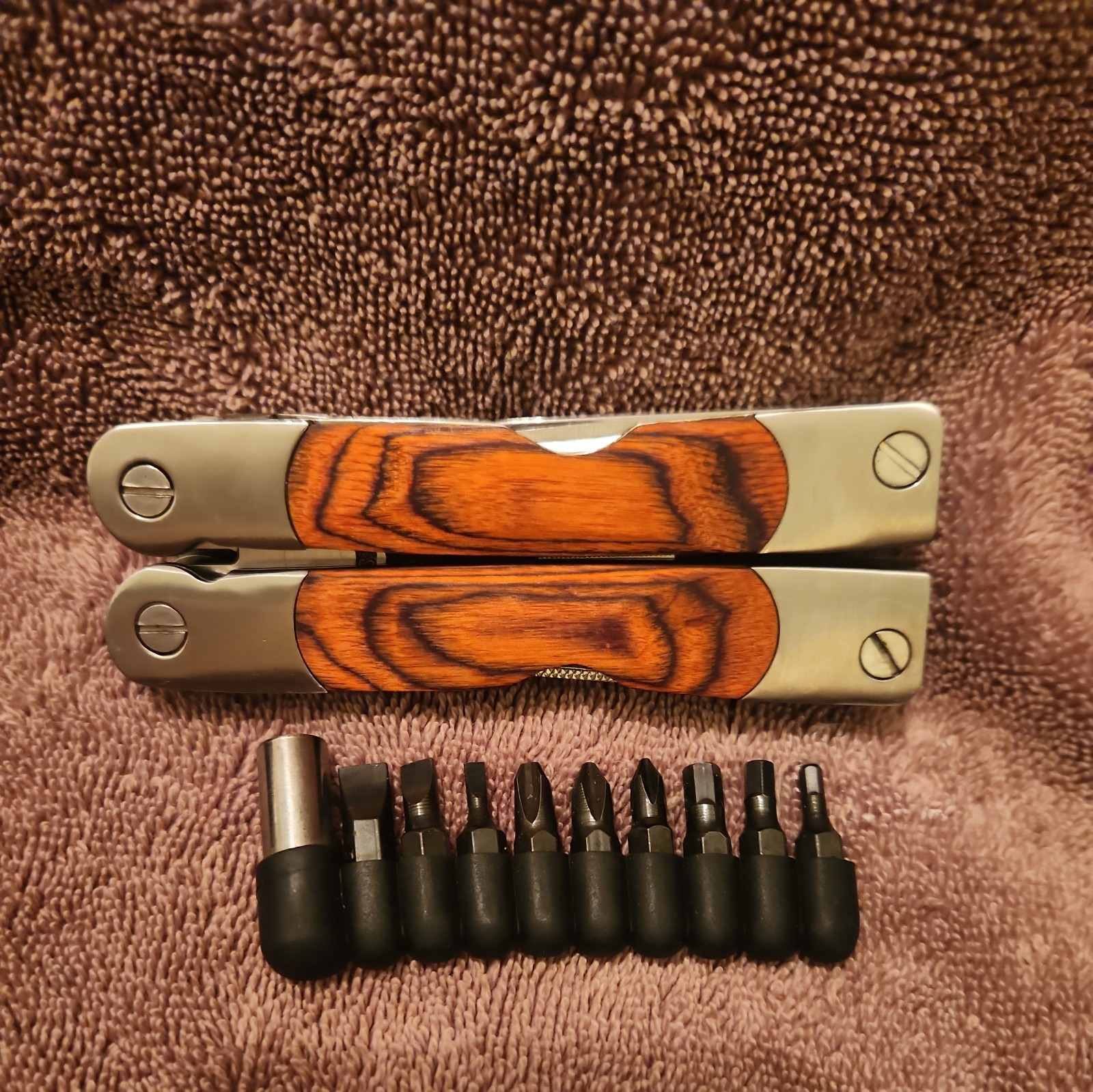 Wood Handle Stainless Steel Multi Tool with Bits 7″Open