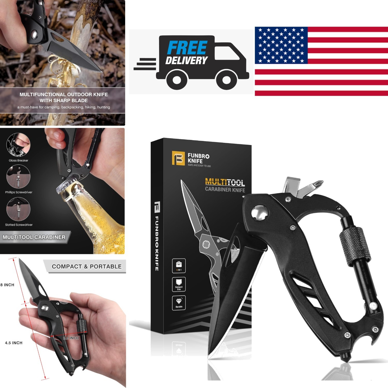 Black Stainless Steel Multitool Carabiner with Folding Knife and Screwdrivers