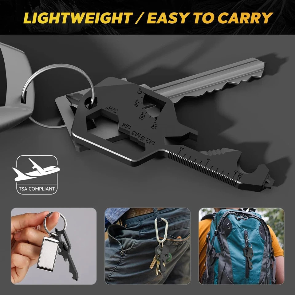 Key Shaped Pocket MultiTool 20-in1 Multi Tool, Stainless Steel Keychain Utility