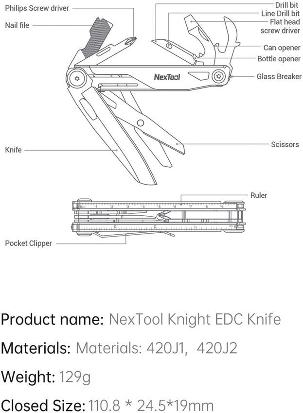 NexTool Knight Multi-Functional Knife With Black Aluminum Handles ~11 Tools