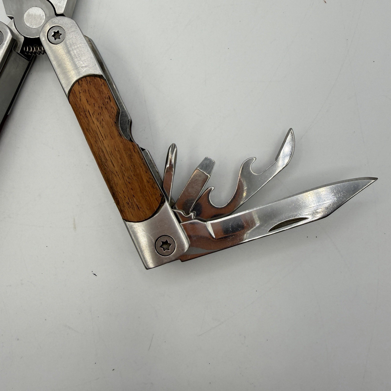 Sheffield 9 Multi-Tool Wood Handle Stainless-Steel Blade Pliers Saw Knife Opener