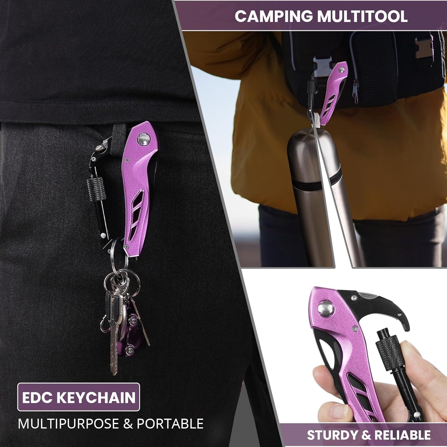 Pink Multitool Carabiner Knife Gifts for Mom Women Wife, 6-in-1 Keychain Mult…