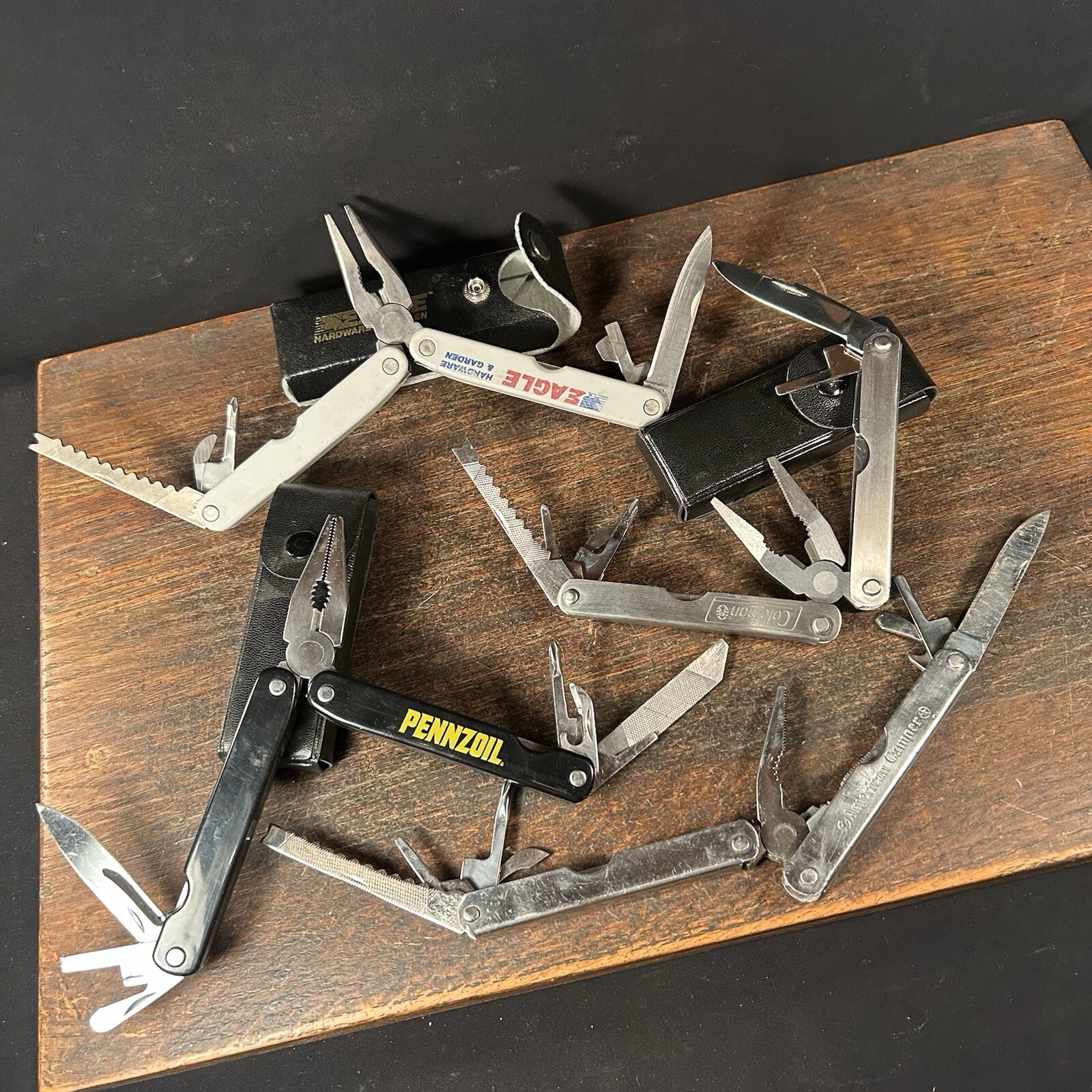 Vintage Multi Tool Lot (4) Knife Pennzoil Eagle Coleman American Camper