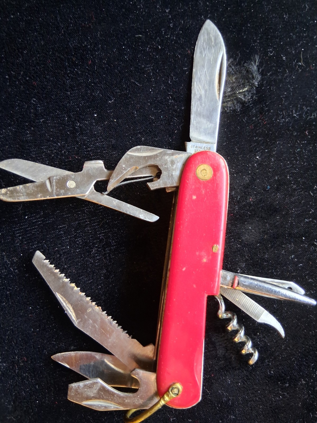 Red Stainless Steel 12-in-1 Multi-Tool Pocket Knife Saw Corkscrew Lanyard