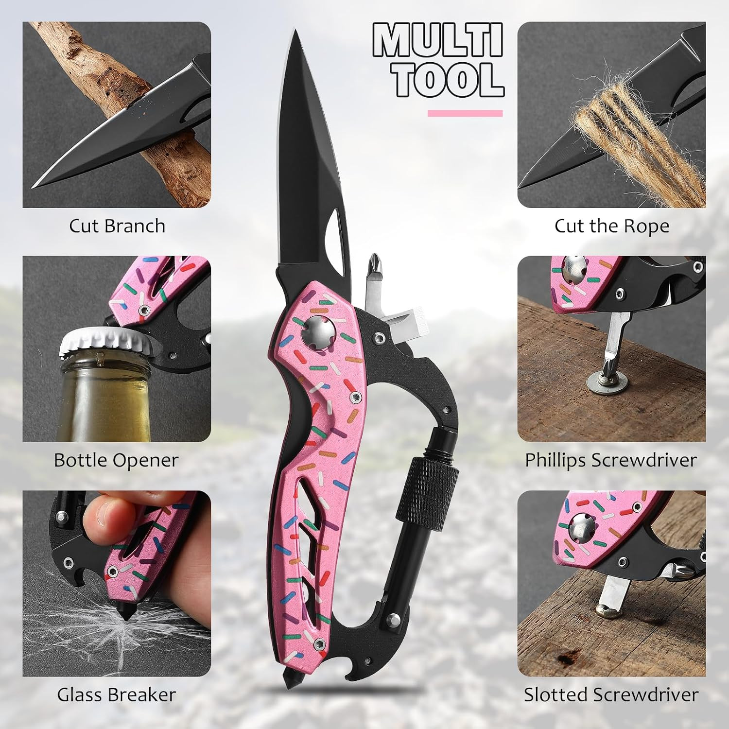 Donut Multitool Carabiner Knife Gifts for Women Men,Survival Gear for Camping Hi