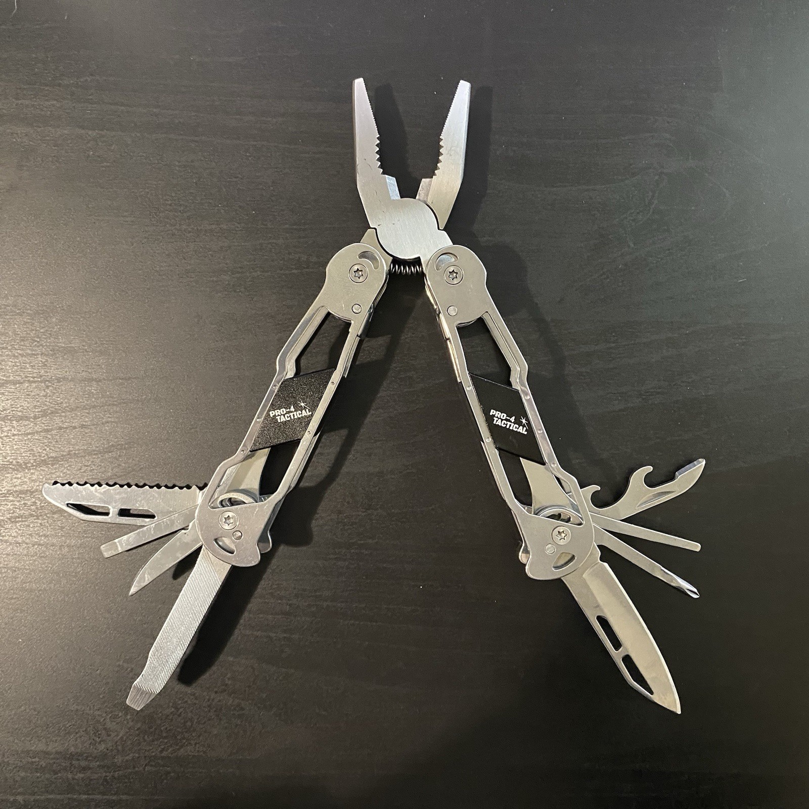 PRO-4 TACTICAL 9-in-1 Multi-Tool Silver Black Stainless Steel With Sheath