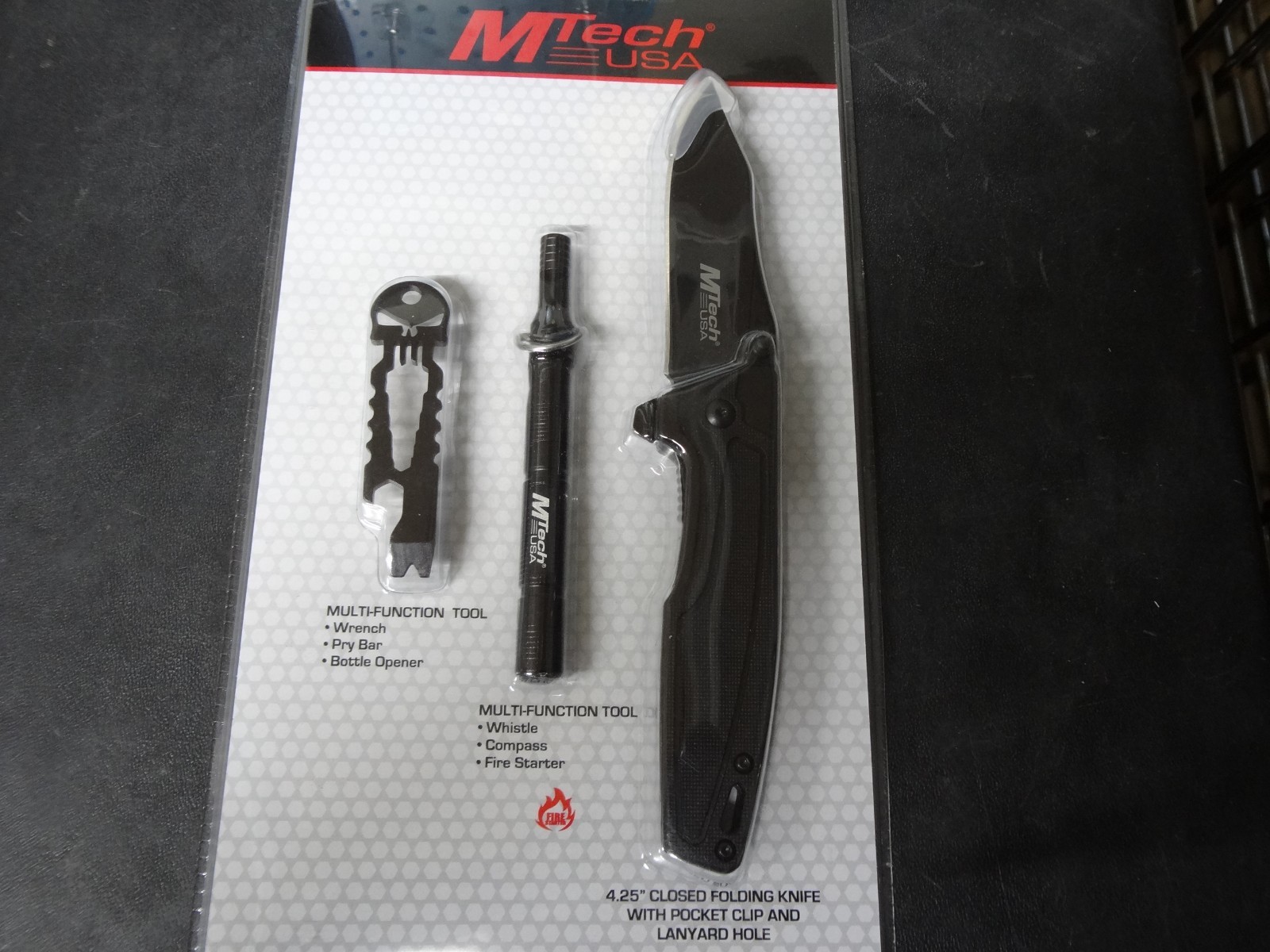 MTECH Multi Tool Kit Fire Starter 3″ Pocket Knife Whistle Survival Stocking