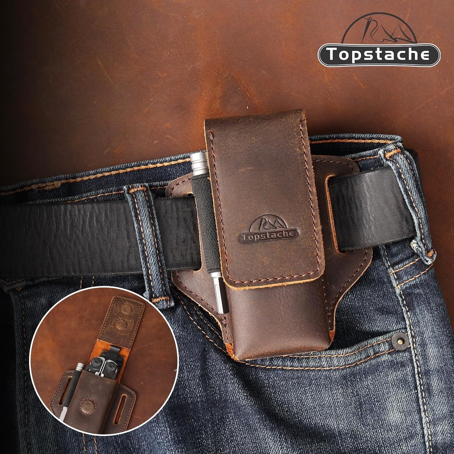 Luxurious Dark Brown Leather Multitool Sheath with Magnetic Closure – EDC Ready