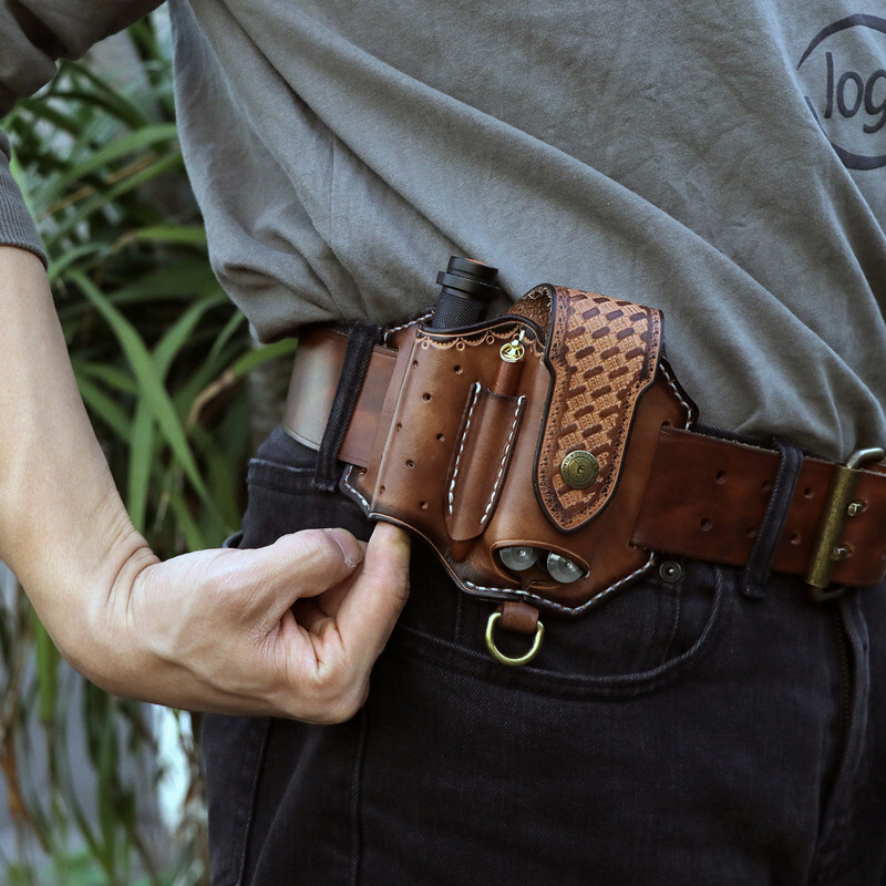 TOURBON 4-in-1 Leather Multitool Belt Holster for Flashlight/EDC/Pen Sheath Gift