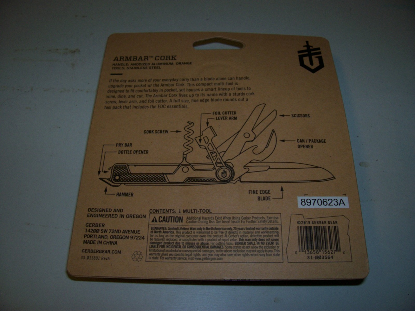 Gerber Armbar Cork Multi-Tool 8-in-1 Orange Aluminum Frame Lock 2.5″ Blade