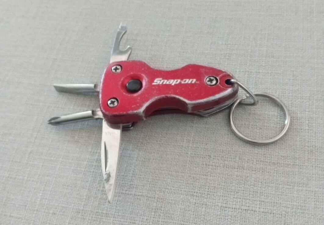 Snap-On Red Multi Tool Keychain Flashlight Knife Bottle Opener