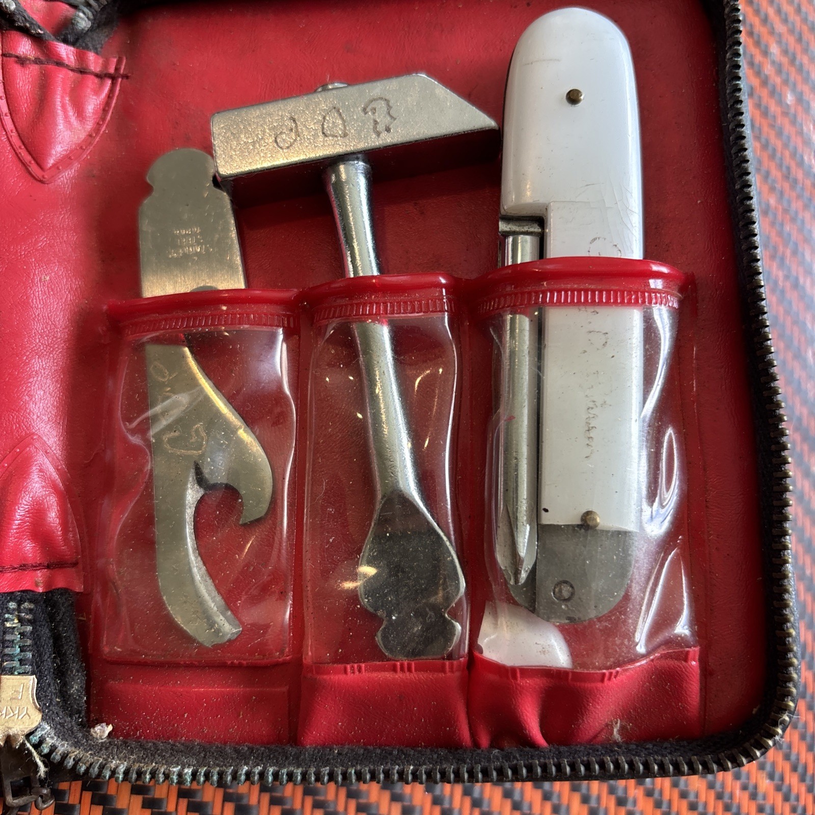 Vintage Multi Tool Set In Case Made In Japan, Hammer,Bottle Opener,File,Blade