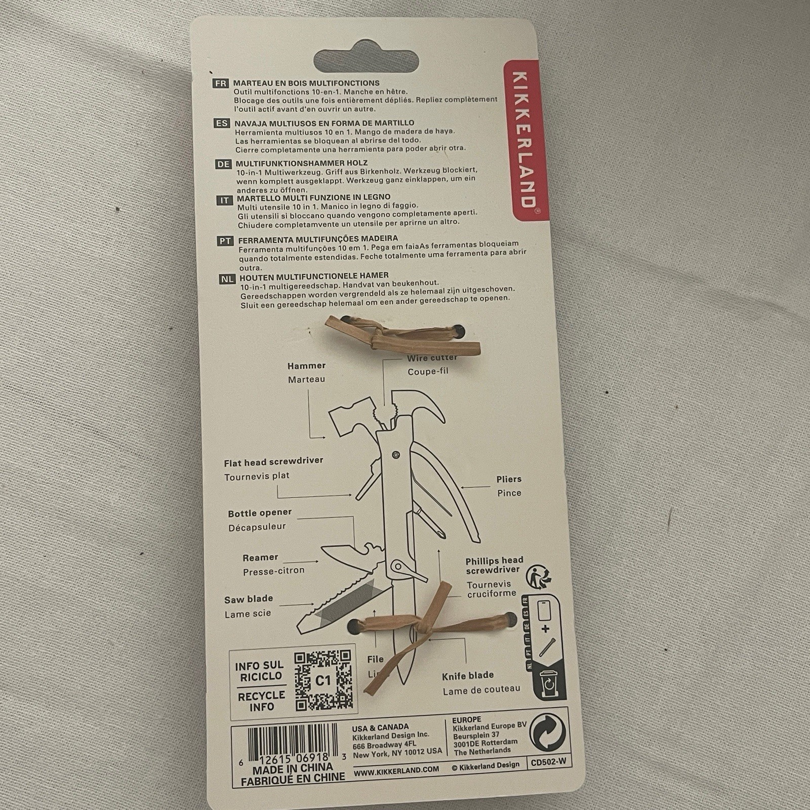 Kikkerland 10-in-1 Wood Hammer Multi-Tool New In Package