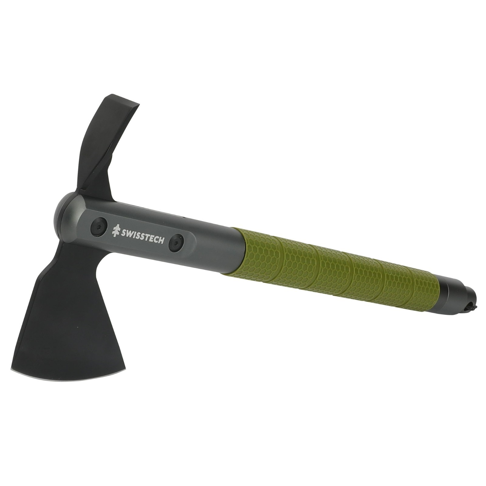 “Swiss Tech Multi-Tool Hatchet with Pocket Knife, No-Slip Silicone Grip, Green,