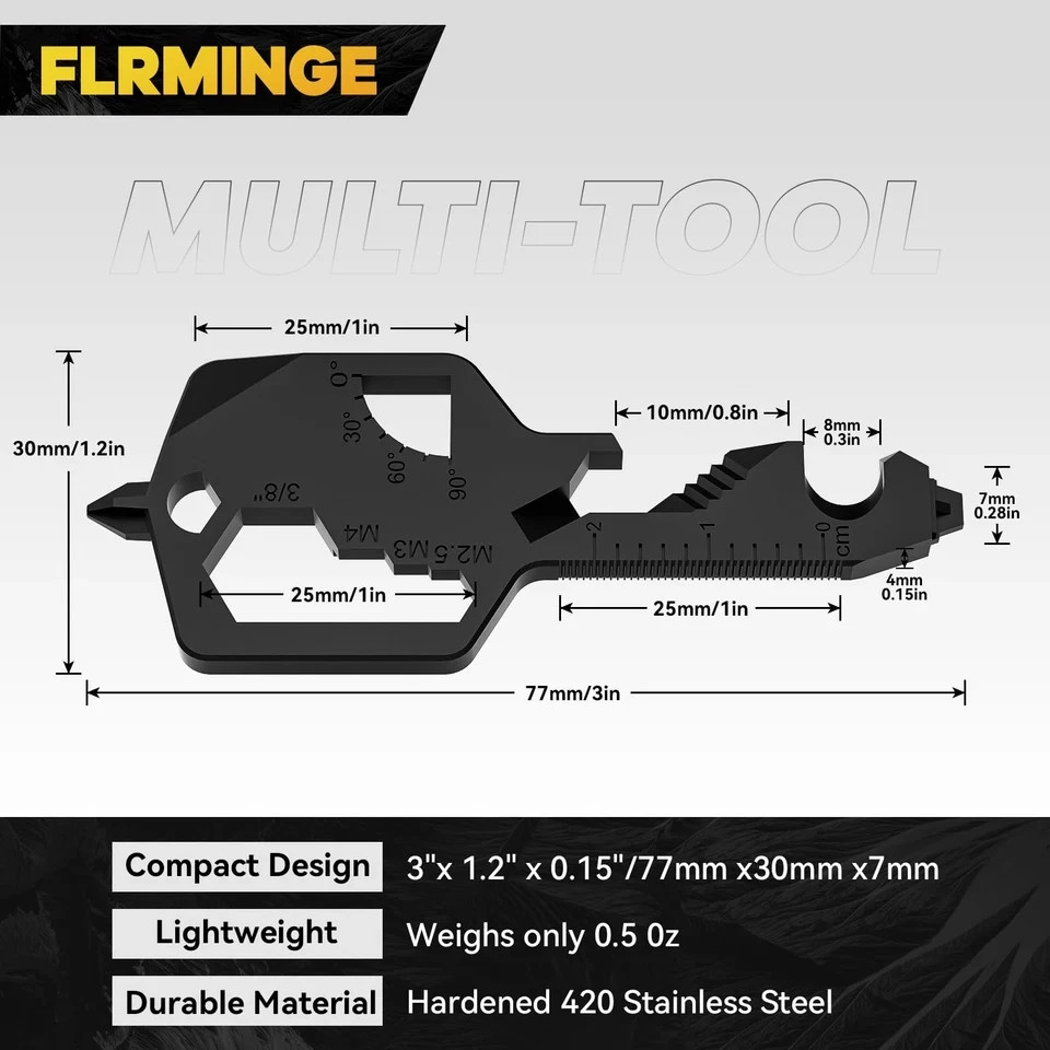 Key Shaped Pocket MultiTool 20-in1 Multi Tool, Stainless Steel Keychain Utility