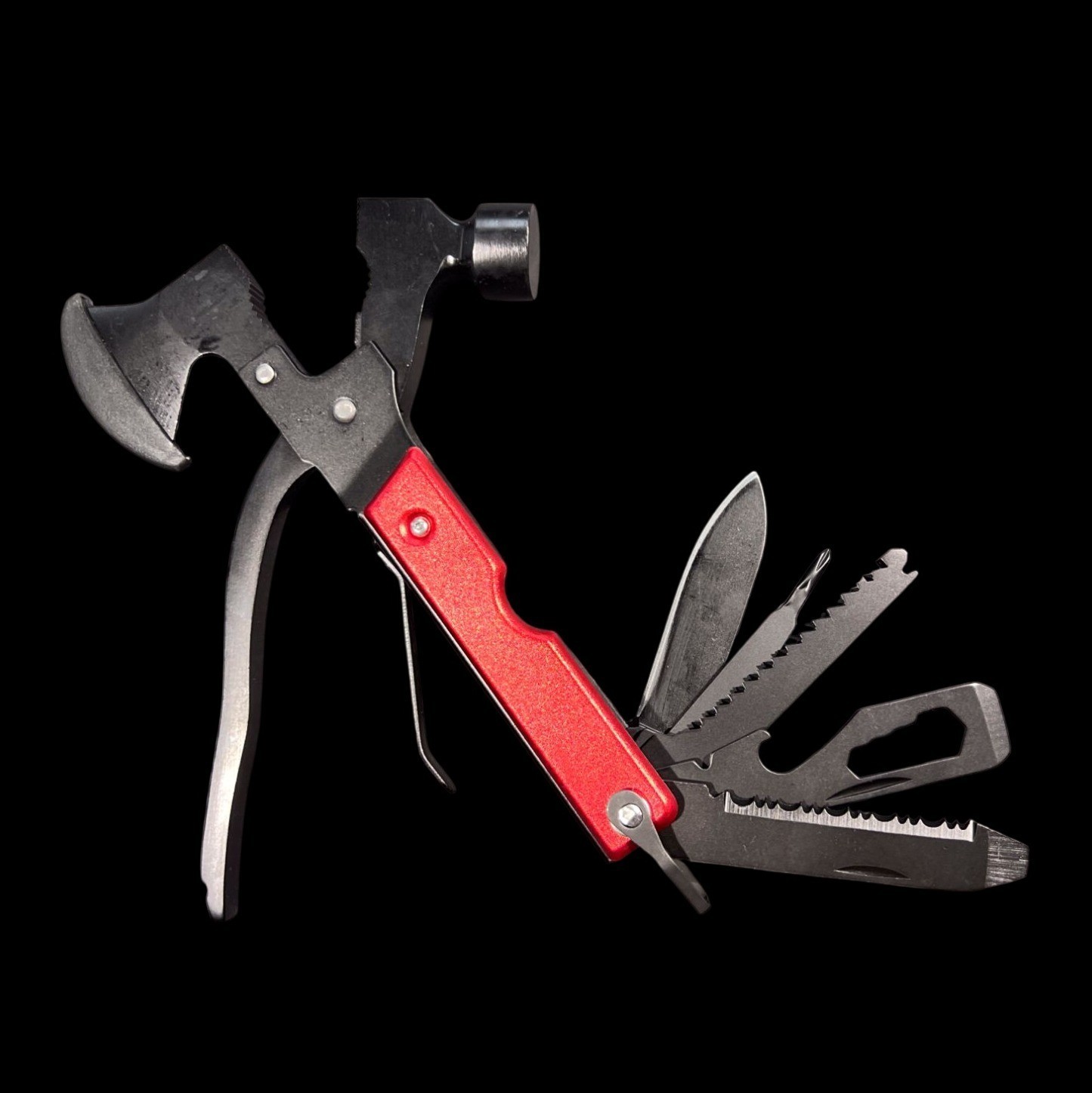 KEENSUN Multitool Axe Hammer Folding Emergency Tool w Sheath Red Black