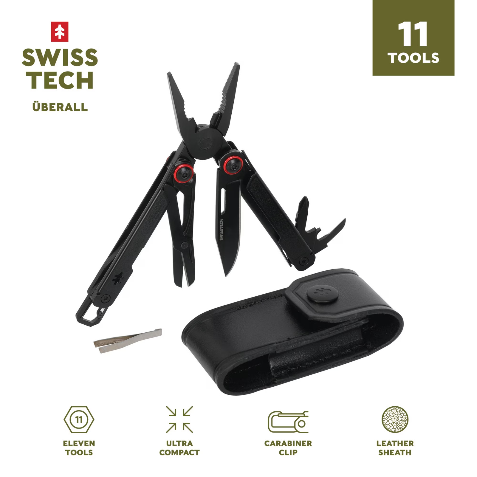 Swiss Tech Uberall 11-in-1 Folding Mini Multi-Tool Ultra Compact with Leather Sh