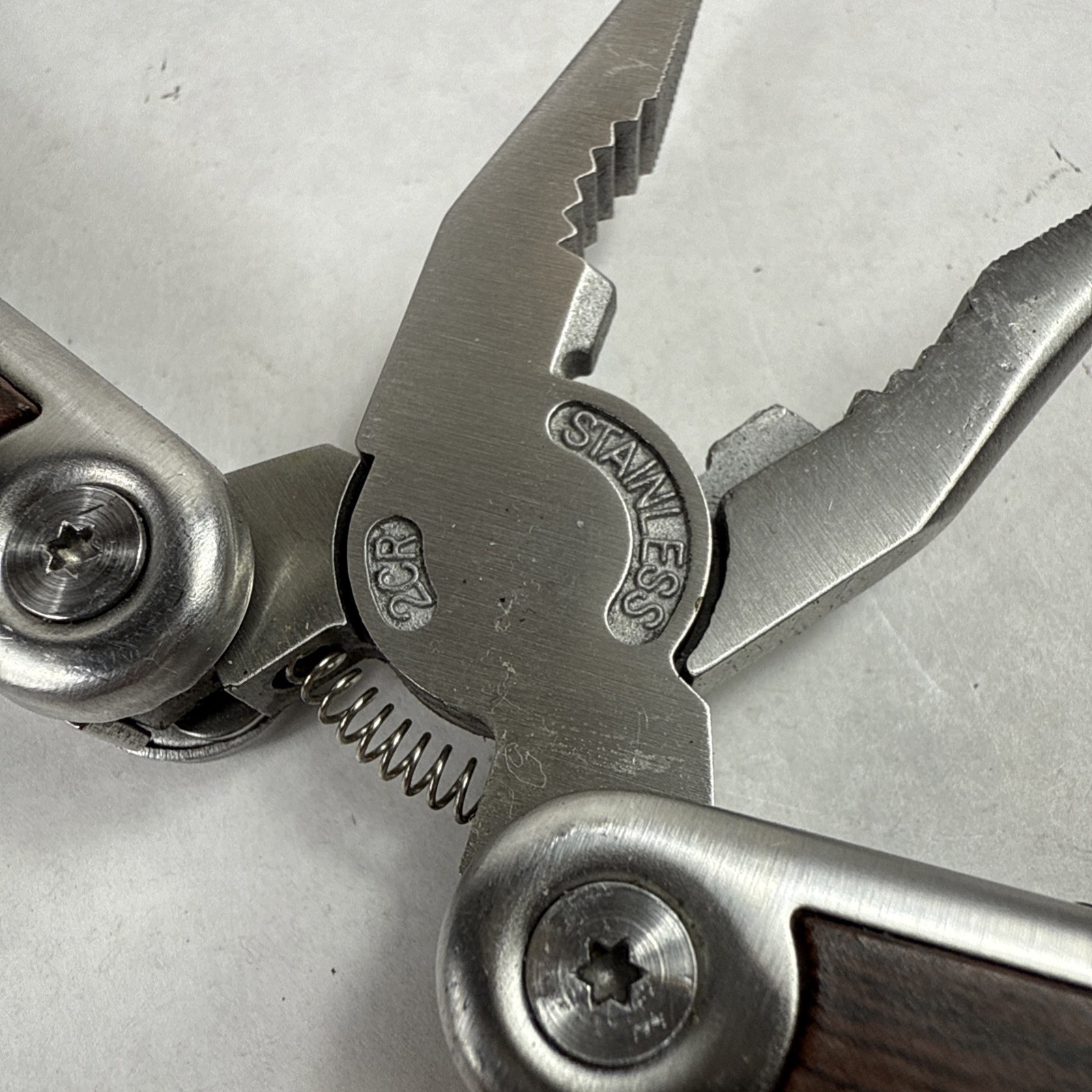 Multi Tool Stainless Steel Faux Wood Inlay Blunt Pliers, Blade *See Photos GUC