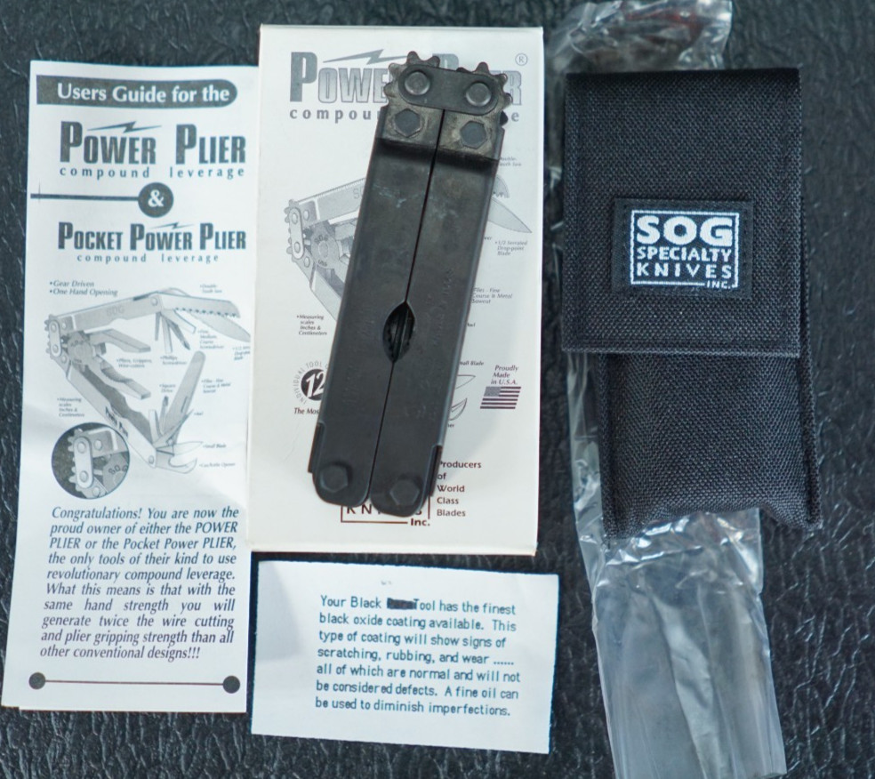 Early SOG Black Oxide Power Plier Multi Tool w/ Sheath Box Knife NOS USA Made