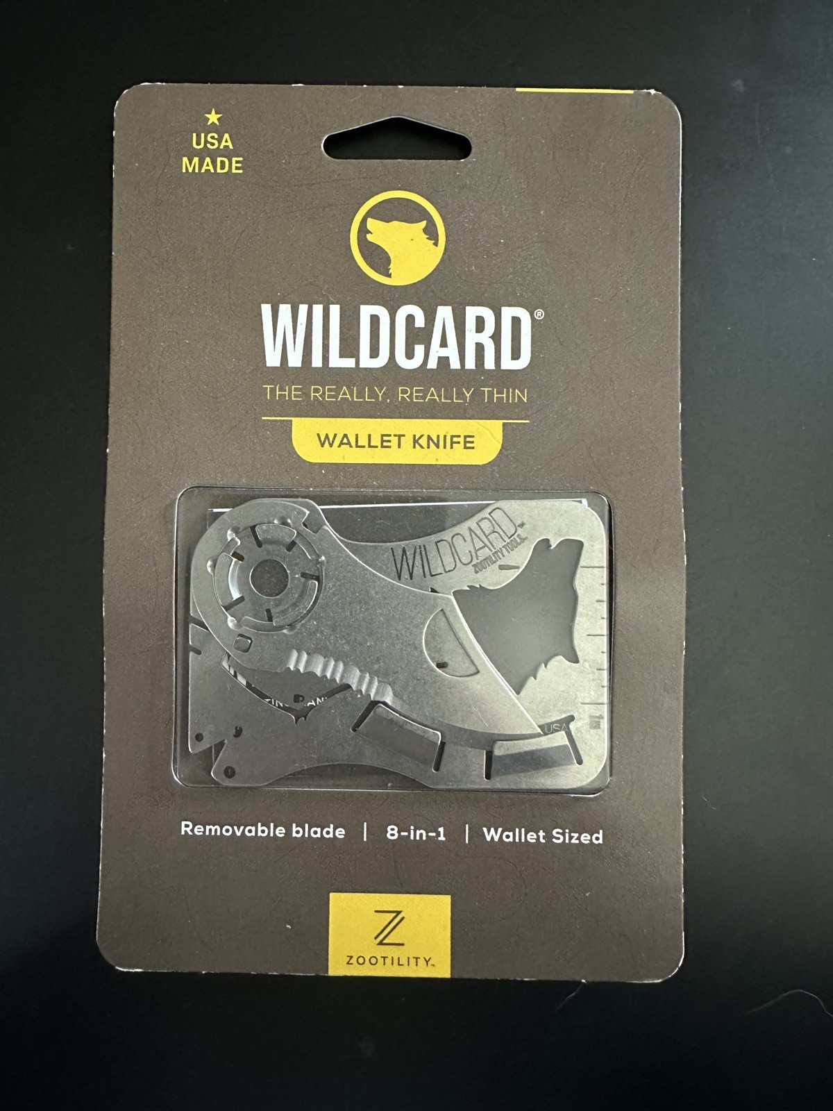 NEW! Zootility WILDCARD WALLET KNIFE 8-in-1 Multi-Tool, Stainless Steel, 2×3”