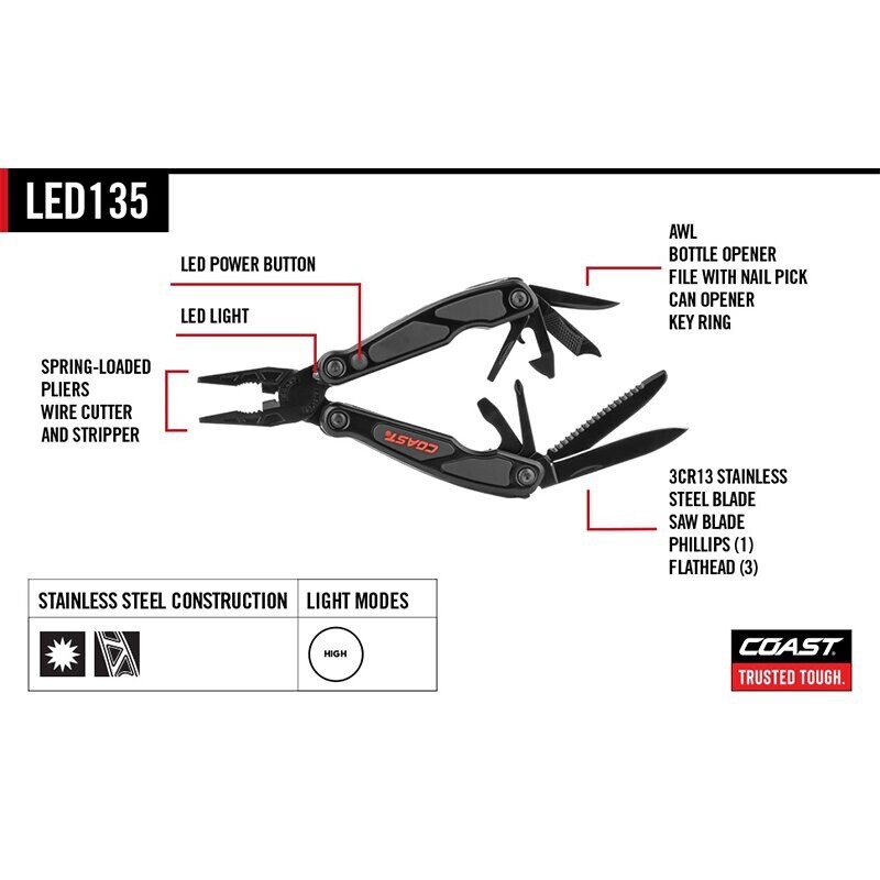 COAST – Multi Tool – LED135 – Pliers – Light – Lifetime Warranty