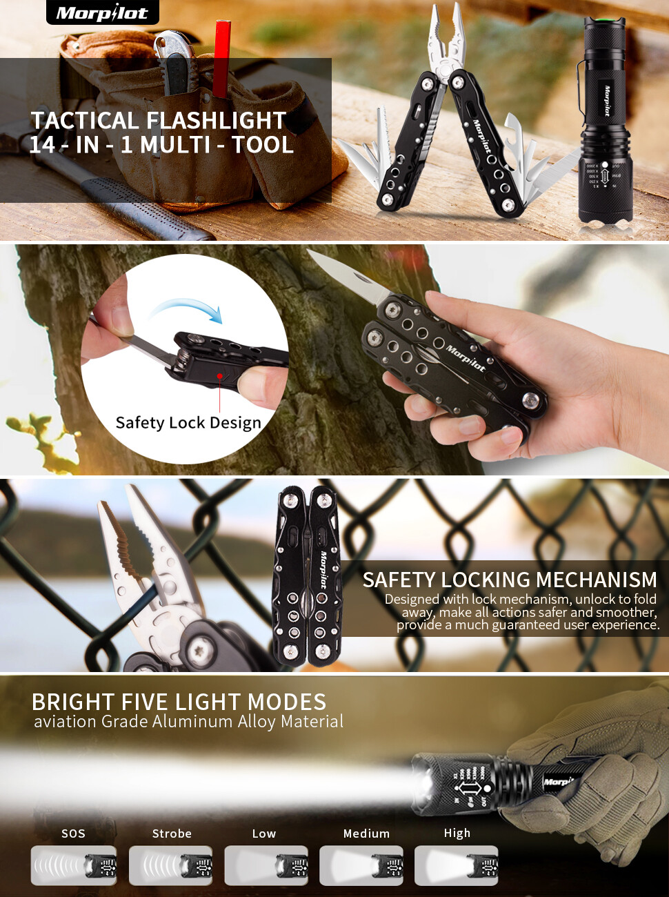 14-in-1 Multitool Plier Set Multi-Pliers w/ 500LM Tactical Flashlight Multi-Tool