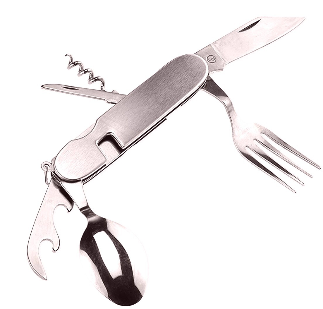 Hobo Camping Pocket Knife Fork & Spoon Can & Bottle Opener Cork Screw Utensil