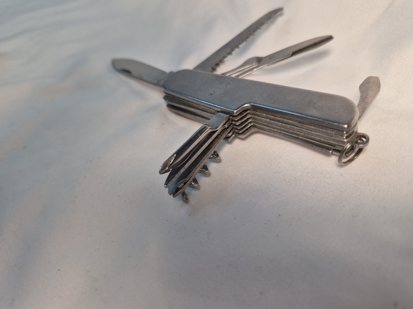 10 MULTI TOOL Silver VTG MERRYMANS Pocket Advertising Knife Army Camp Survival