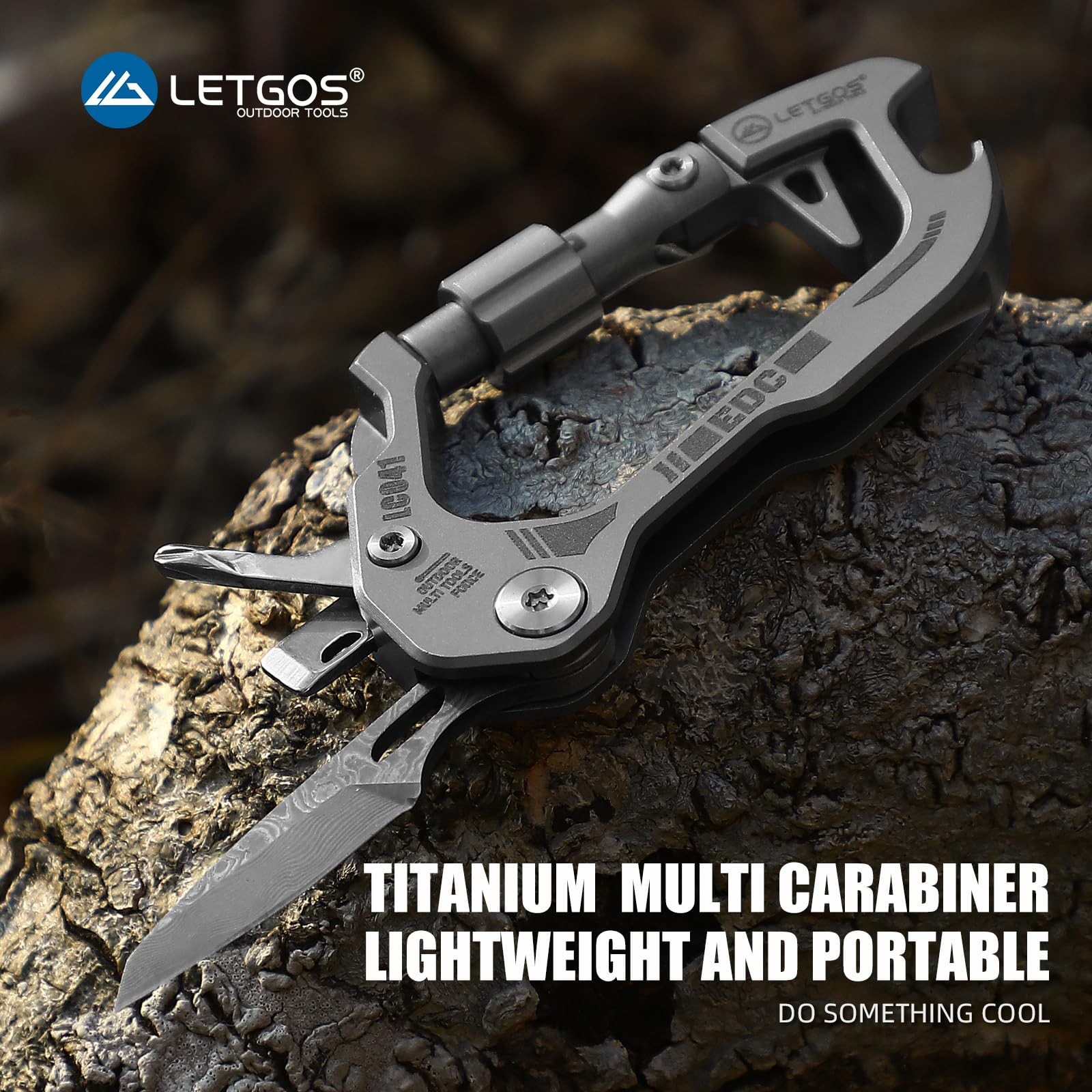 Titanium 6-in-1 Multi-Tool Carabiner–EDC Damascus Steel Knife, Bottle Opener,…