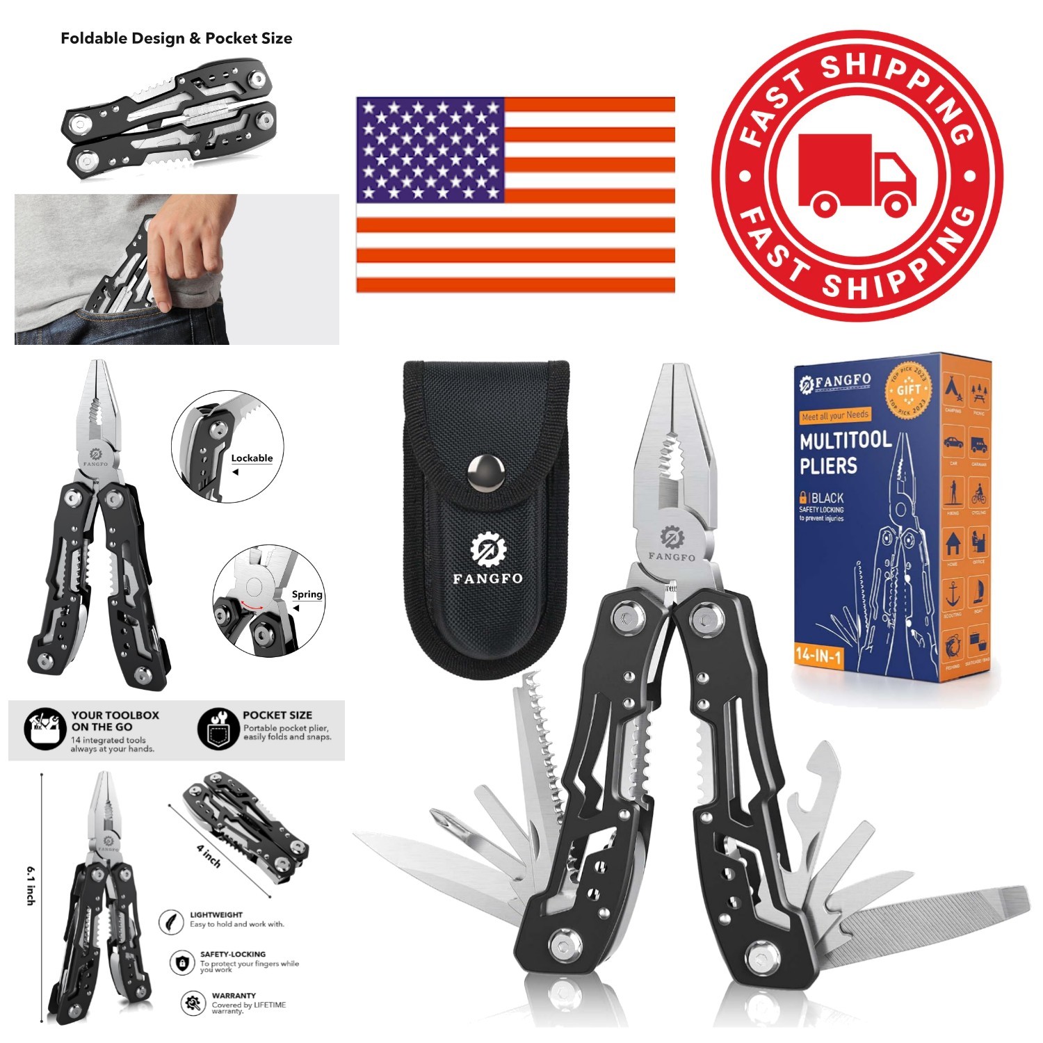 14 In 1 Multitool with Safety Lock Black Stainless Steel for Camping and Hiking