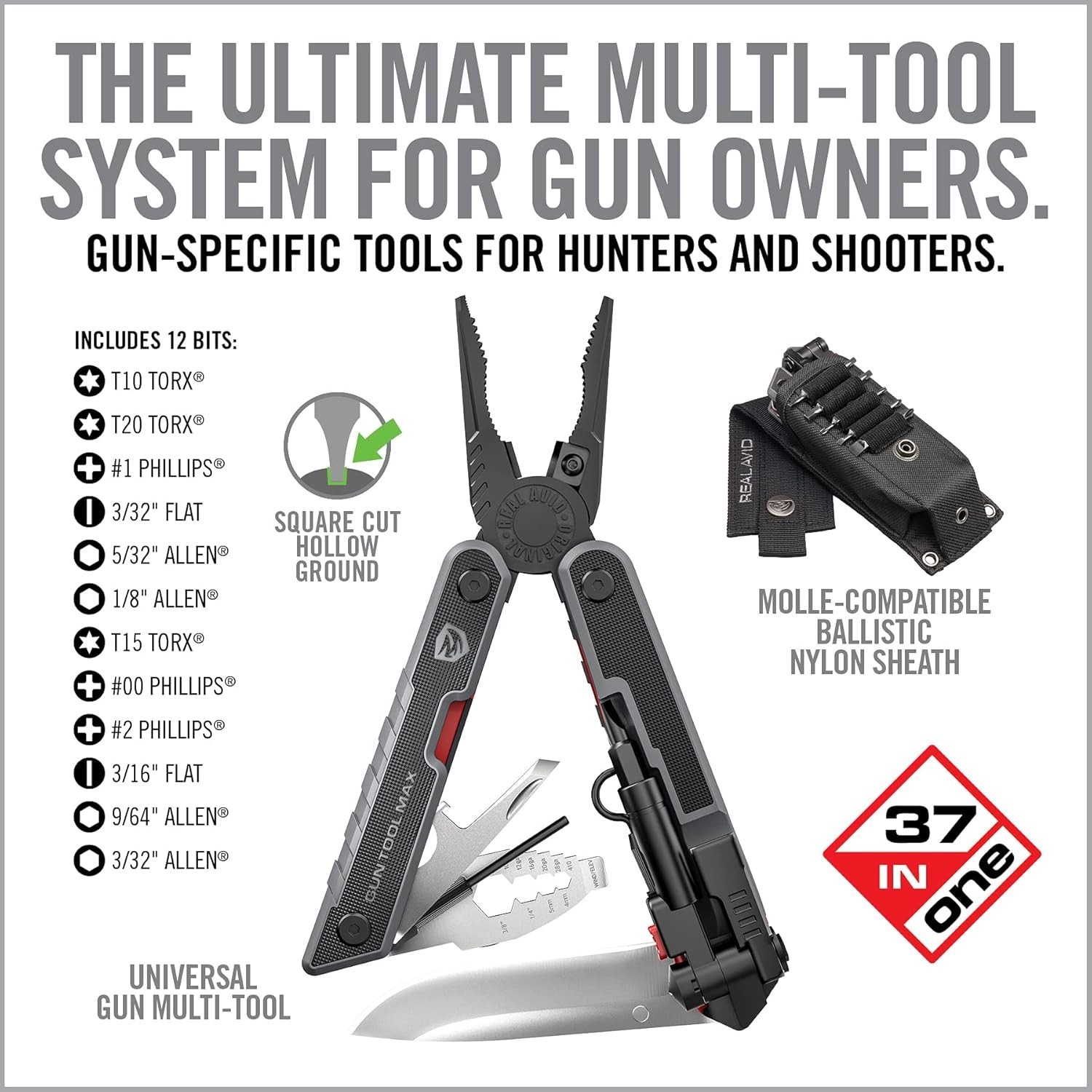Real Avid Gun Tool Max, 37-in-1 Multitool for Gunsmithing, Includes Pliers, Wire