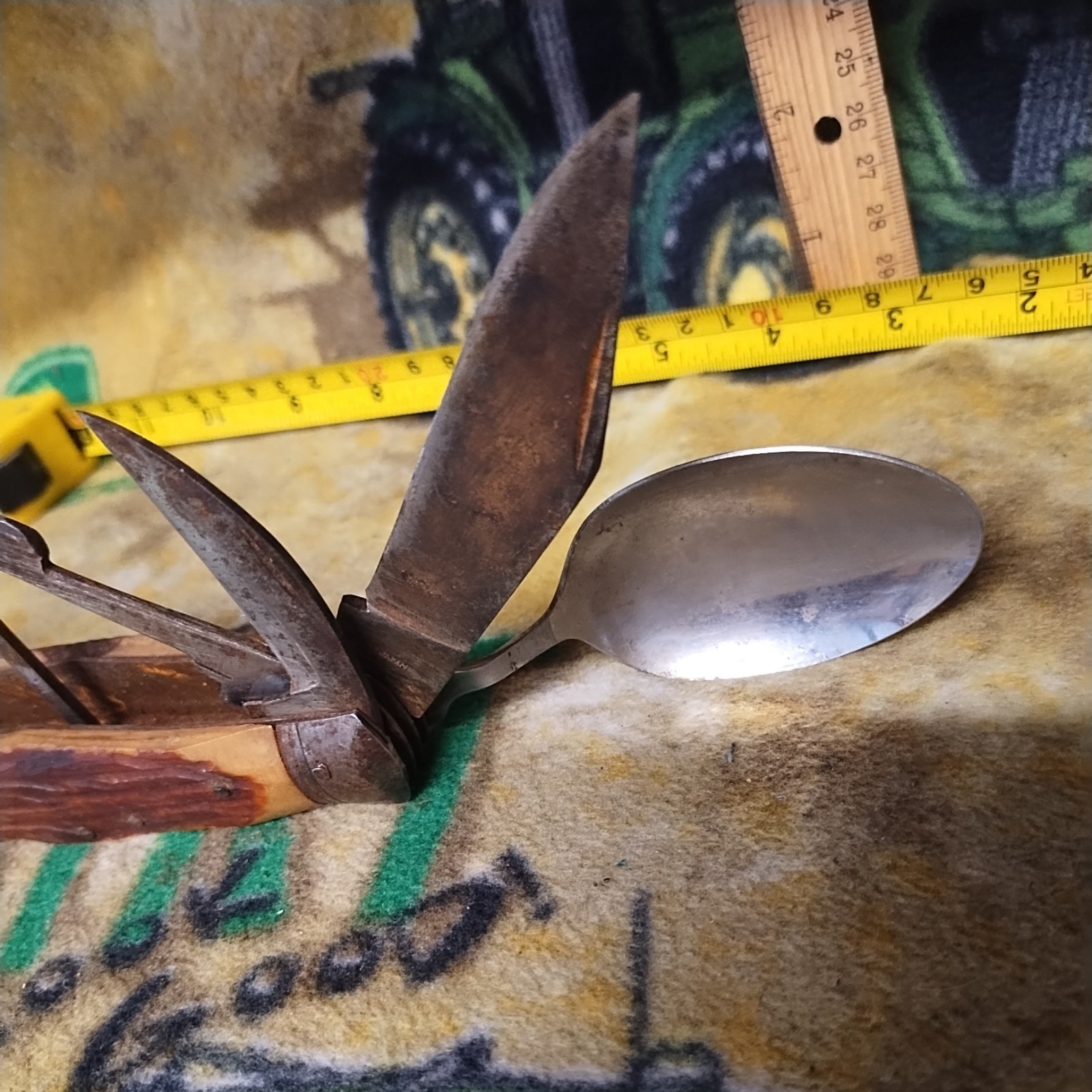 Camping Multi-Tool Knife Fork Spoon Saw Scissors Stainless Steel Wood 9 Tools