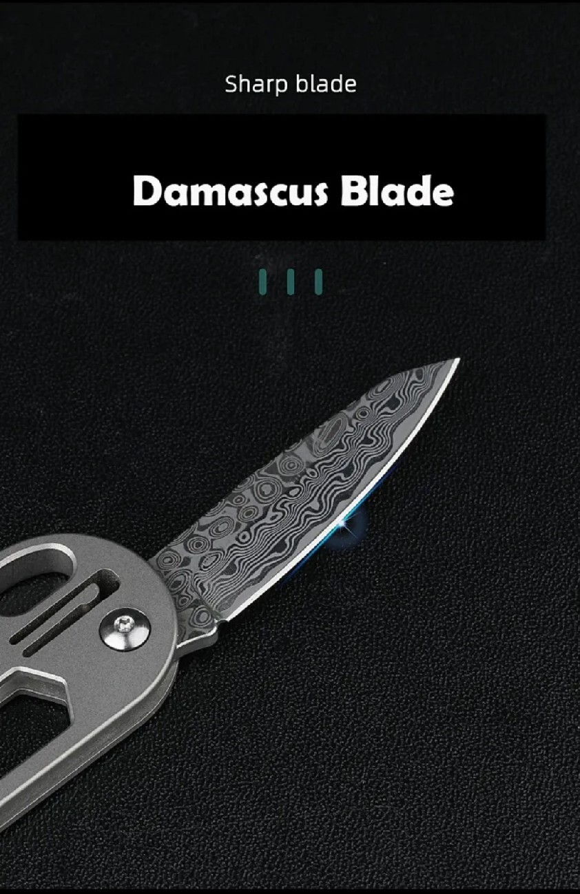 Mini EDC Multitool – Anodized Blue Titanium Carabiner Keychain w/ Damascus Blade