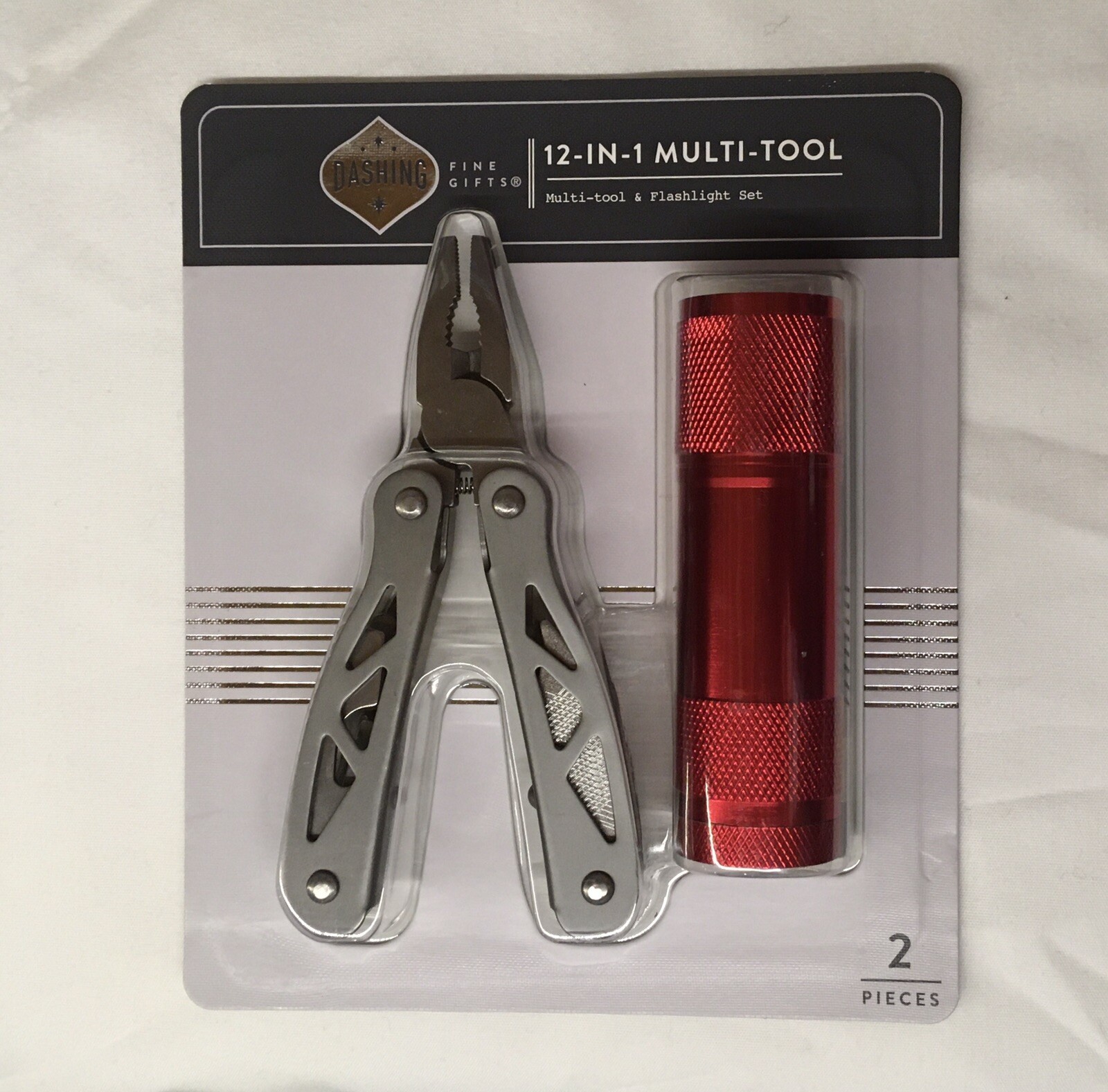 Dashing 12-in-1 Multi Tool & Red Flashlight Set Pliers Knife Screwdriver NEW