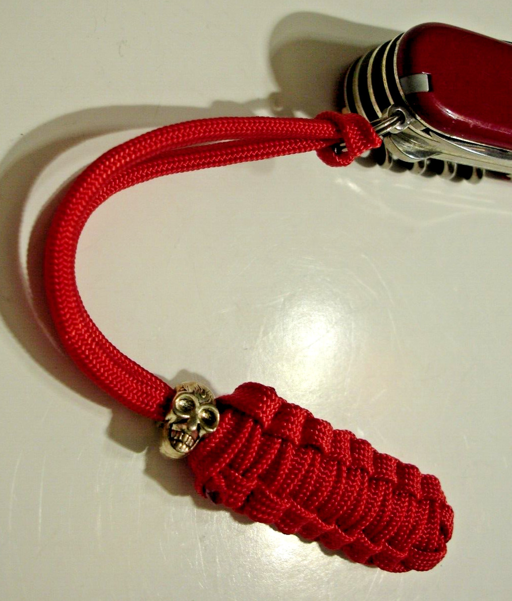 HANDMADE (by me) RED 550 PARACORD KNIFE LANYARD SILVER METAL SKULL BEAD USA MADE
