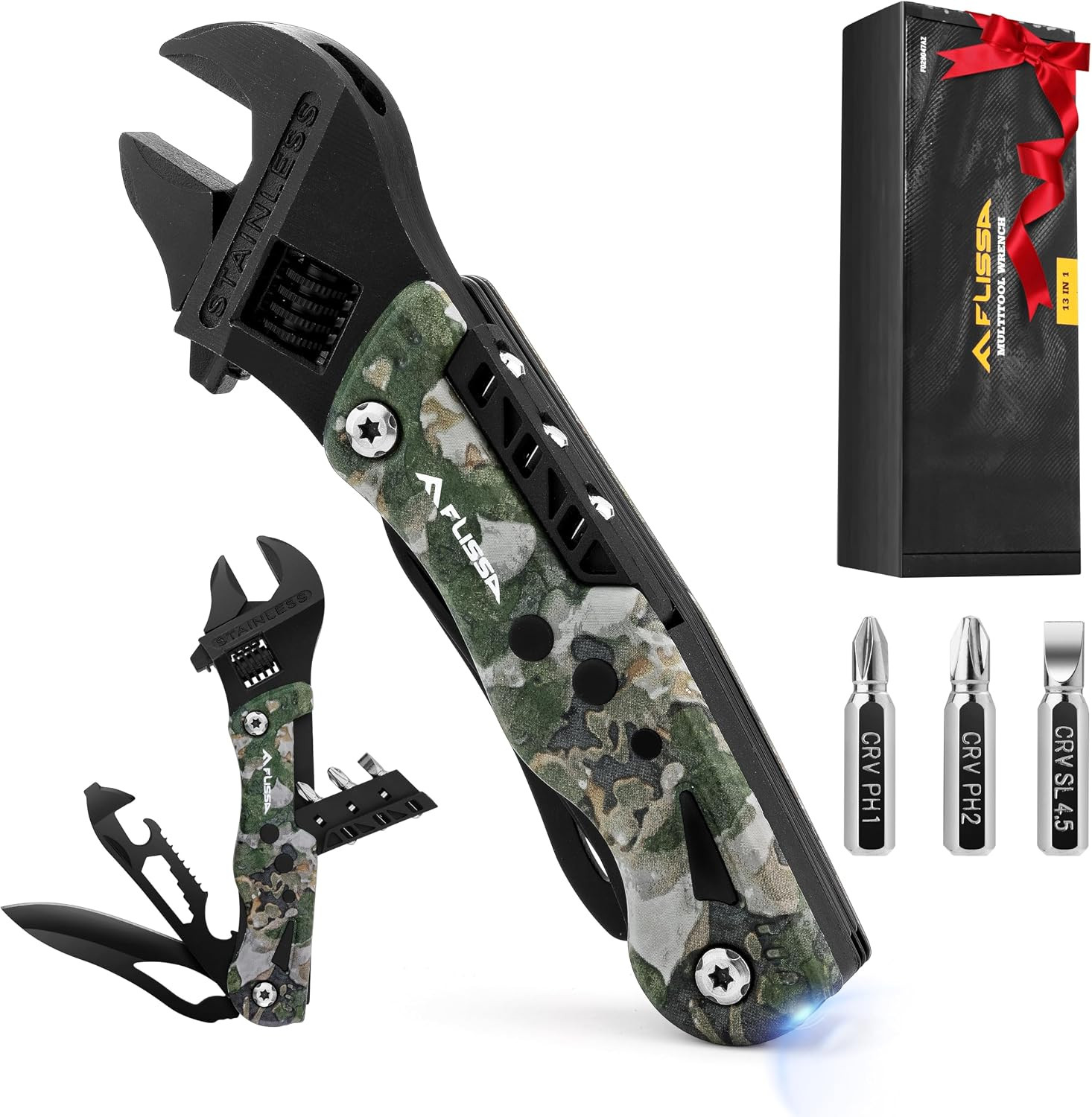 13-in-1 Stainless Steel Multi Tool Wrench with LED Light and Sheath