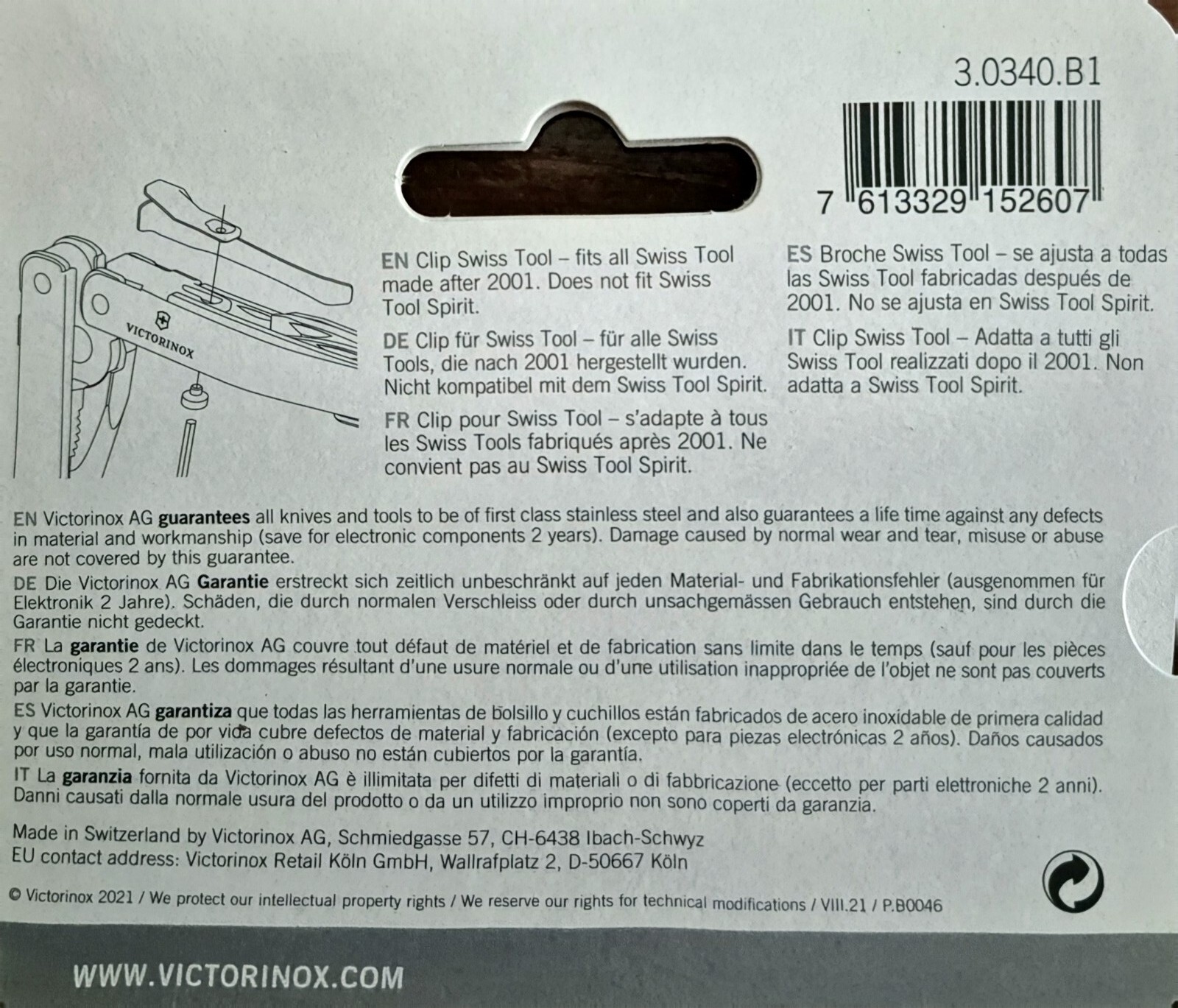 VICTORINOX CLIP SWISS TOOL 3.0340.B1 MULTI TOOL CLIP Steel finish