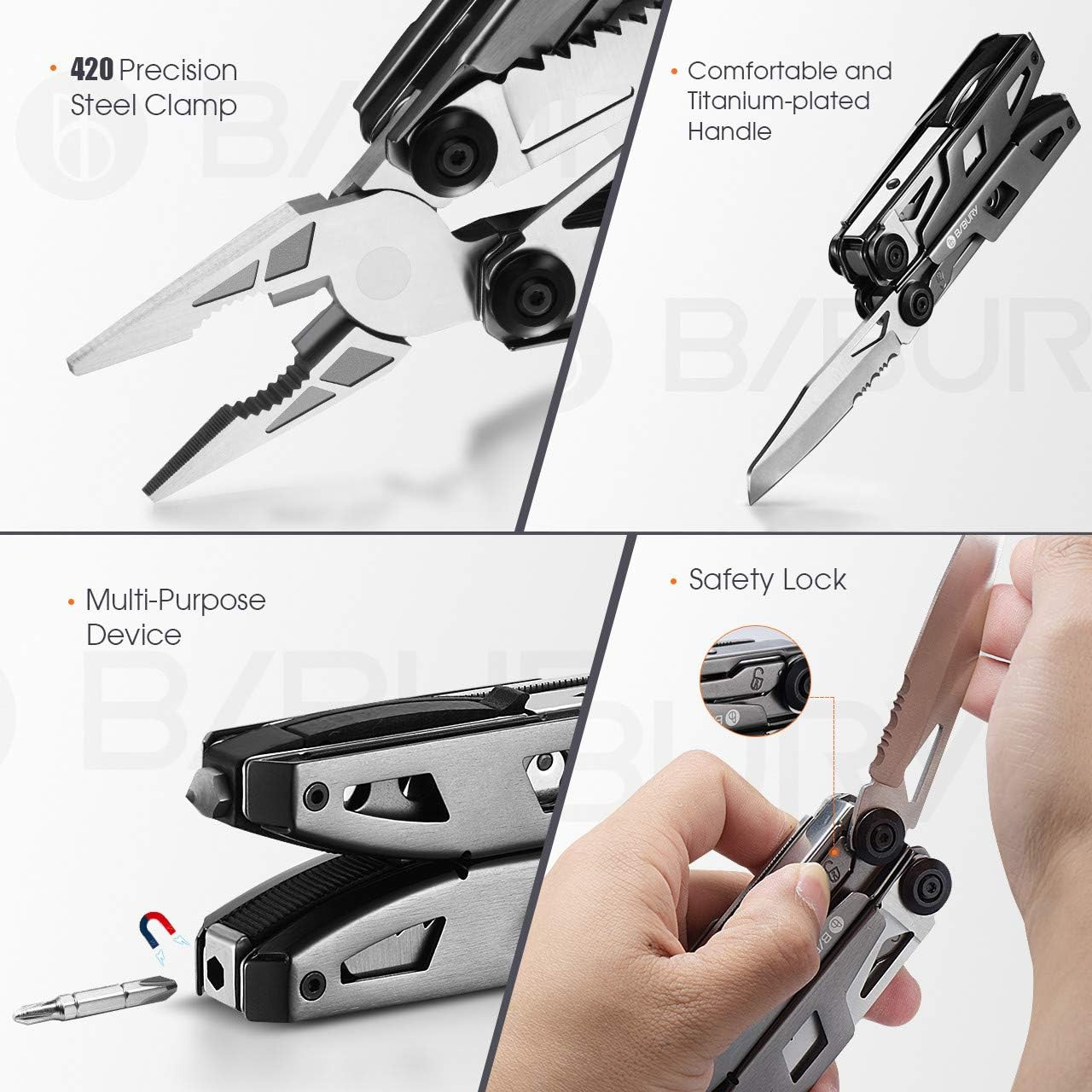 Multitool Pliers, 18 in 1 Multi Tool with Titanium-Plated Handle & Safety Hammer