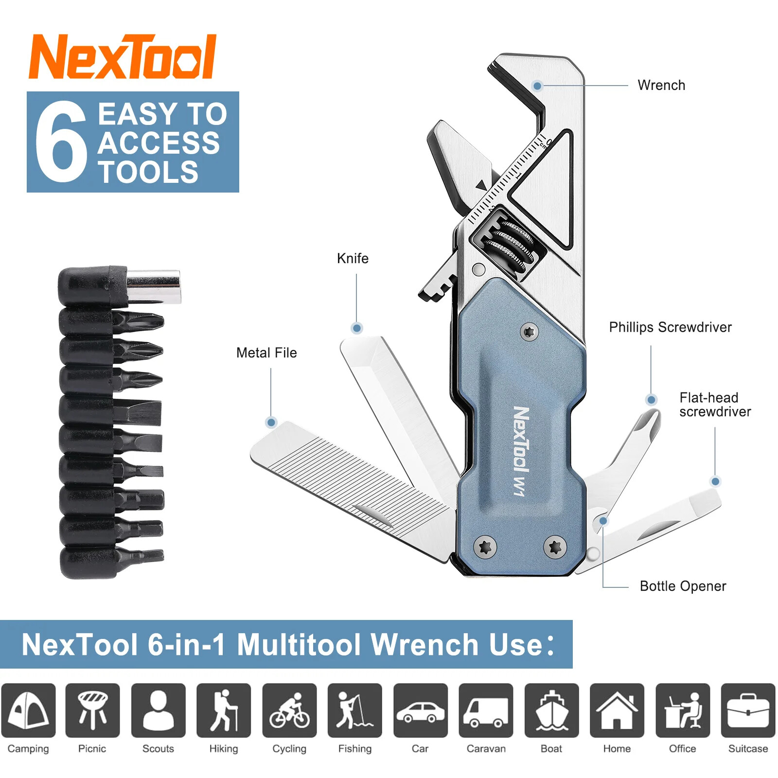 Adjustable Wrench 6 in 1 EDC Multitool Folding Pocket Tools Multi Function Kit