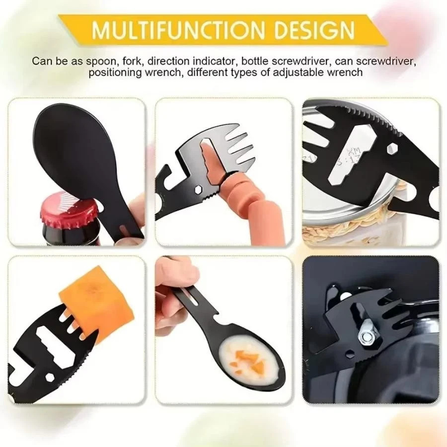 Camping Multi-tool Whistle Knife Fork Spoon Wrench Bottle Opener – 1pc