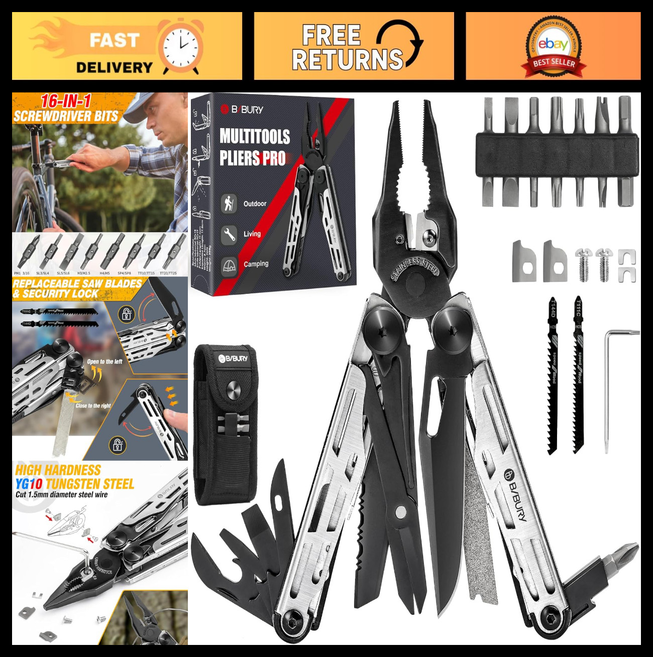 31-in-1 Stainless Steel Multitool Pliers with Replaceable Cutters & Saw, Camping