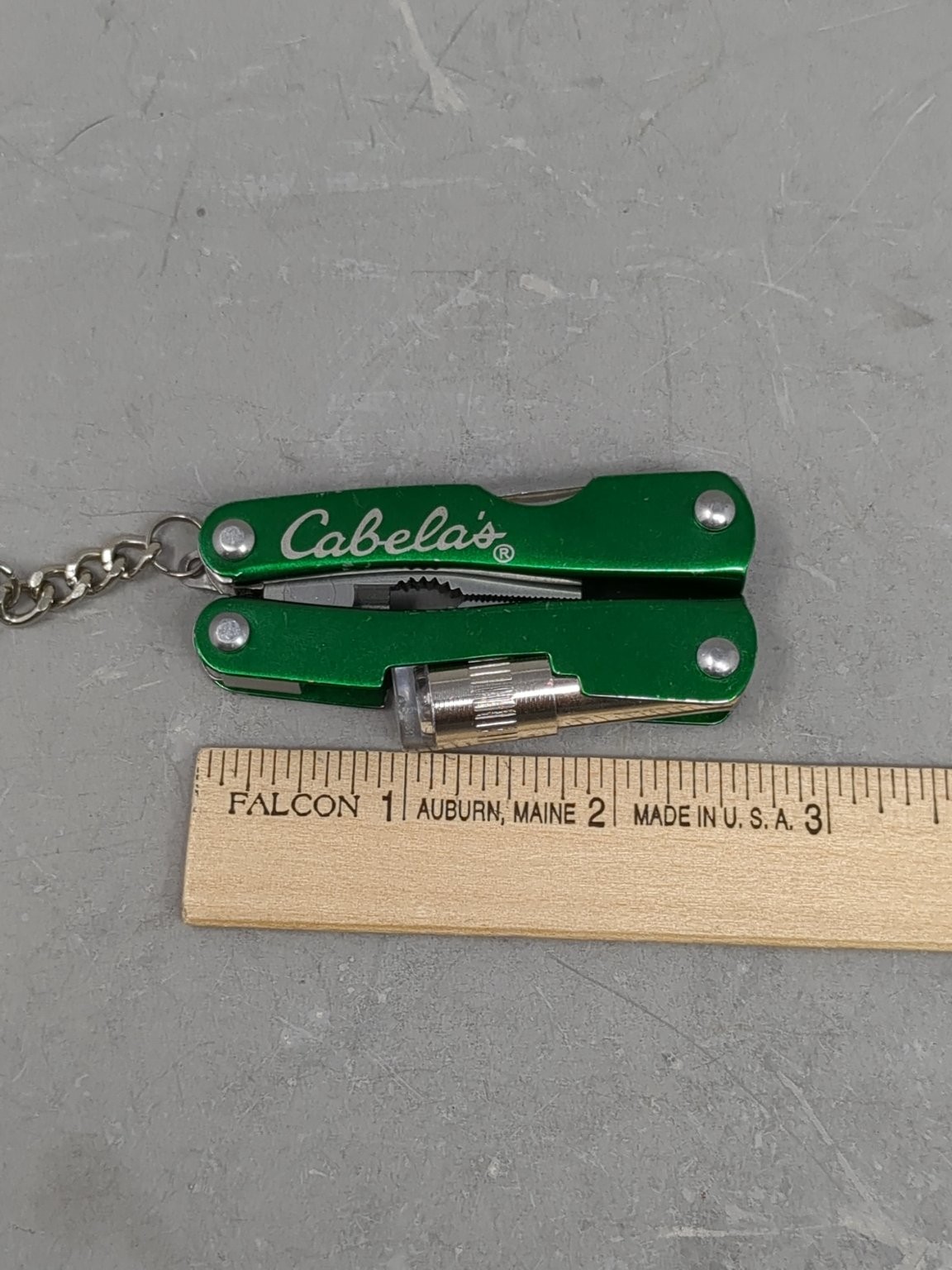Cabela’s Green Multi-Tool with LED Light Pliers Knife Keychain * Needs Battery *