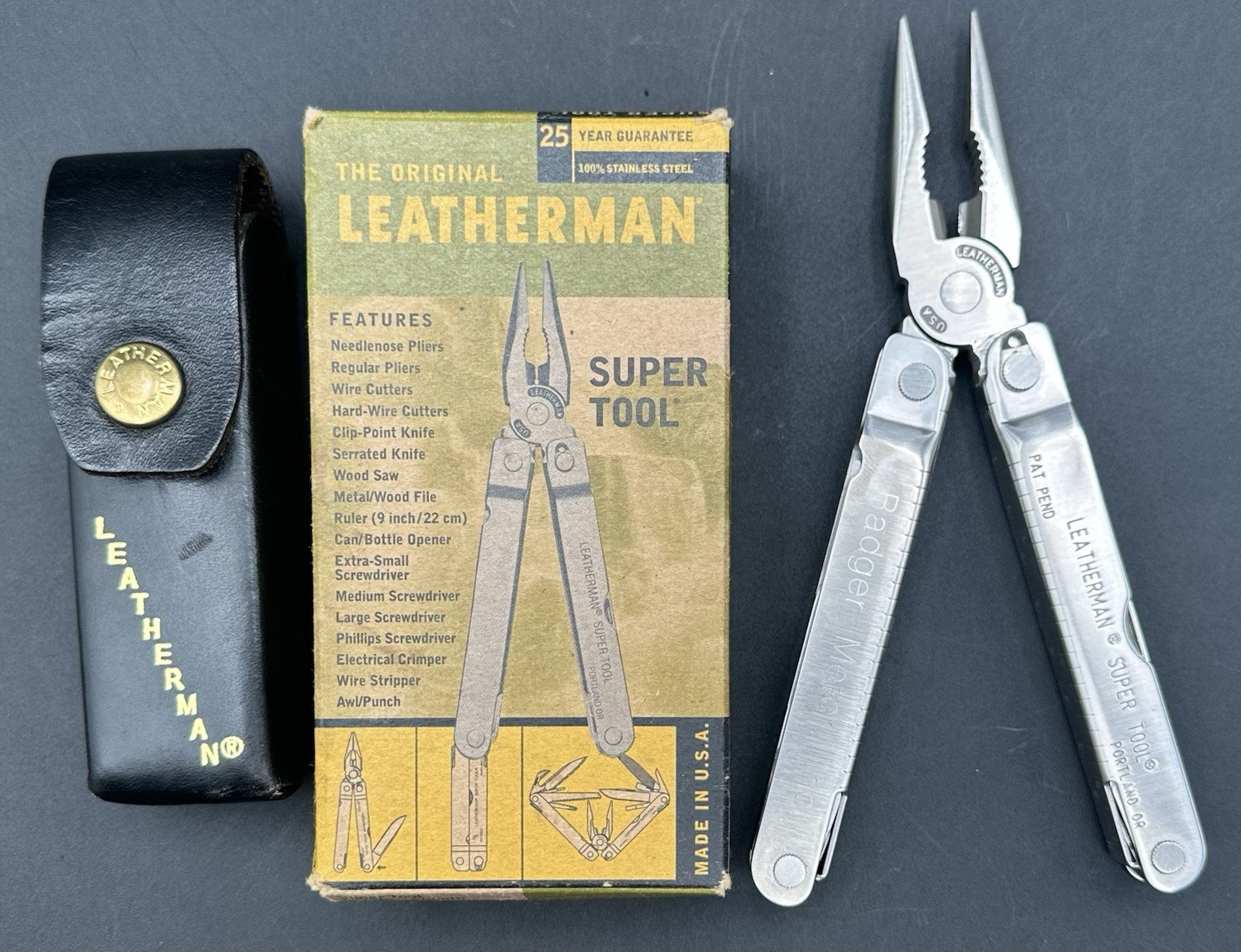 Original Leatherman Super Tool Sheath Box Portland Oregon Pat Pend Badger Meter