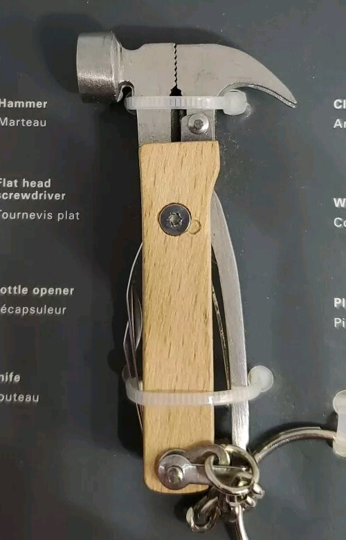(NOS) Kikkerland KR13-W Wood Mini Hammer Tool Keyring 7-in-1 Jack Knife Gift