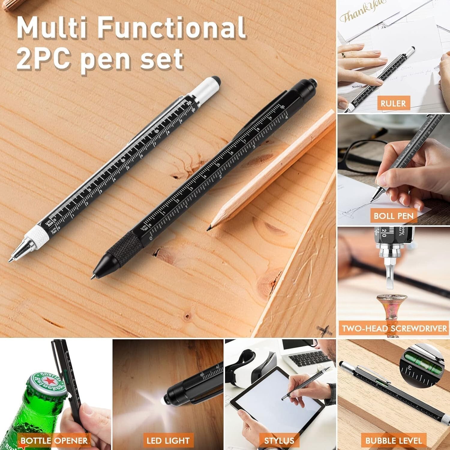 MultiTool Pen Set Screwdriver LED Light Bottle Opener Ruler Stylus Level NEW!