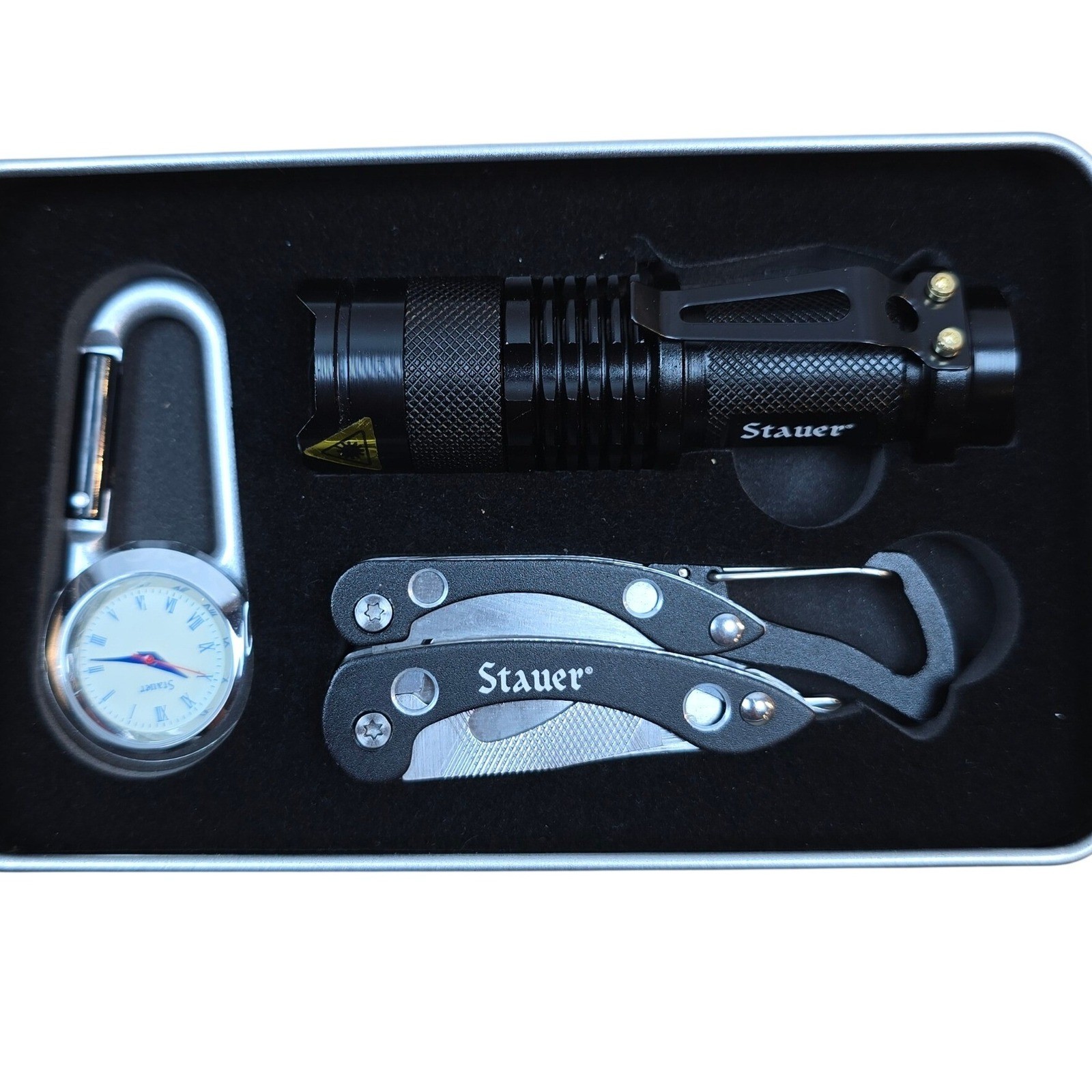 Stauer Gift Set Carabiner Watch+Flashlight+Multitool Knife pliers screwdriver