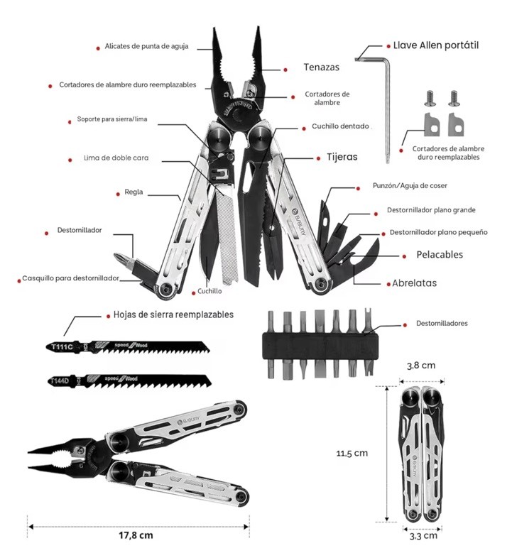 Multitool Pliers Pro BI2045, Stainless Steel 31-In-1 Multi Tool Pliers with Repl