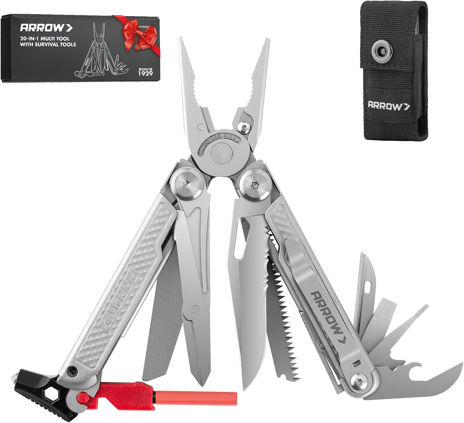 ARROW 20-In-1 Stainless Steel Multitool with Accessories for Outdoor Survival