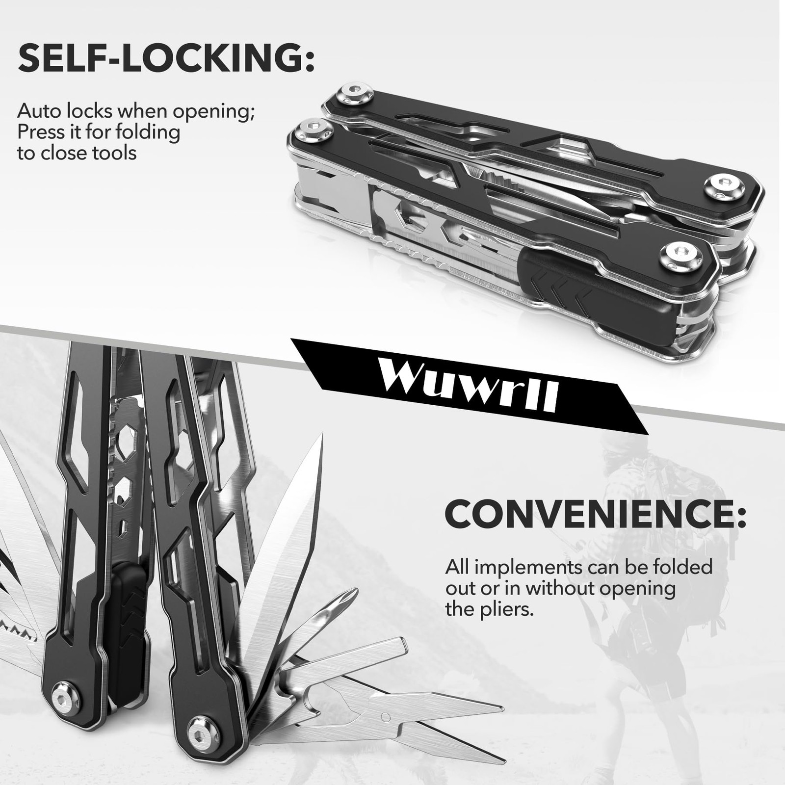 Wuwrll Multitool with Safety Locking,16-in-1 Multi Tool Stainless Steel Pocket